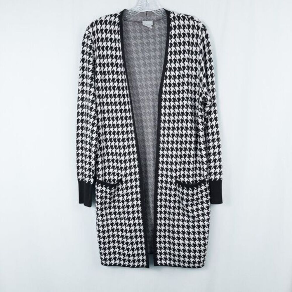 Chicos Houndstooth Knit Long Open Cardigan‎ Womens 1 (M) Parisian Chic Capsule